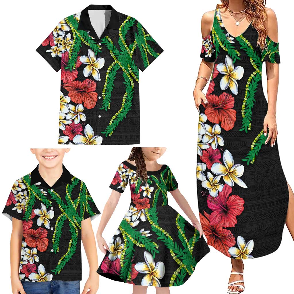 Hawaiian Tropical Flowers and Maile Pikake Family Matching Summer Maxi Dress and Hawaiian Shirt Polynesian Tribal Pattern Black Color LT03 - Polynesian Pride