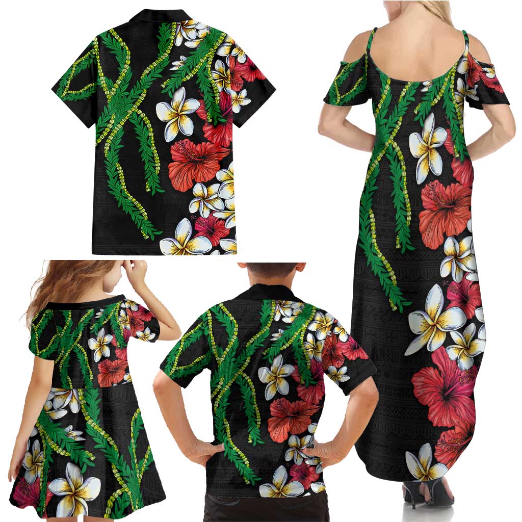 Hawaiian Tropical Flowers and Maile Pikake Family Matching Summer Maxi Dress and Hawaiian Shirt Polynesian Tribal Pattern Black Color LT03 - Polynesian Pride