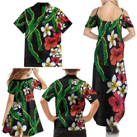 Hawaiian Tropical Flowers and Maile Pikake Family Matching Summer Maxi Dress and Hawaiian Shirt Polynesian Tribal Pattern Black Color LT03 - Polynesian Pride