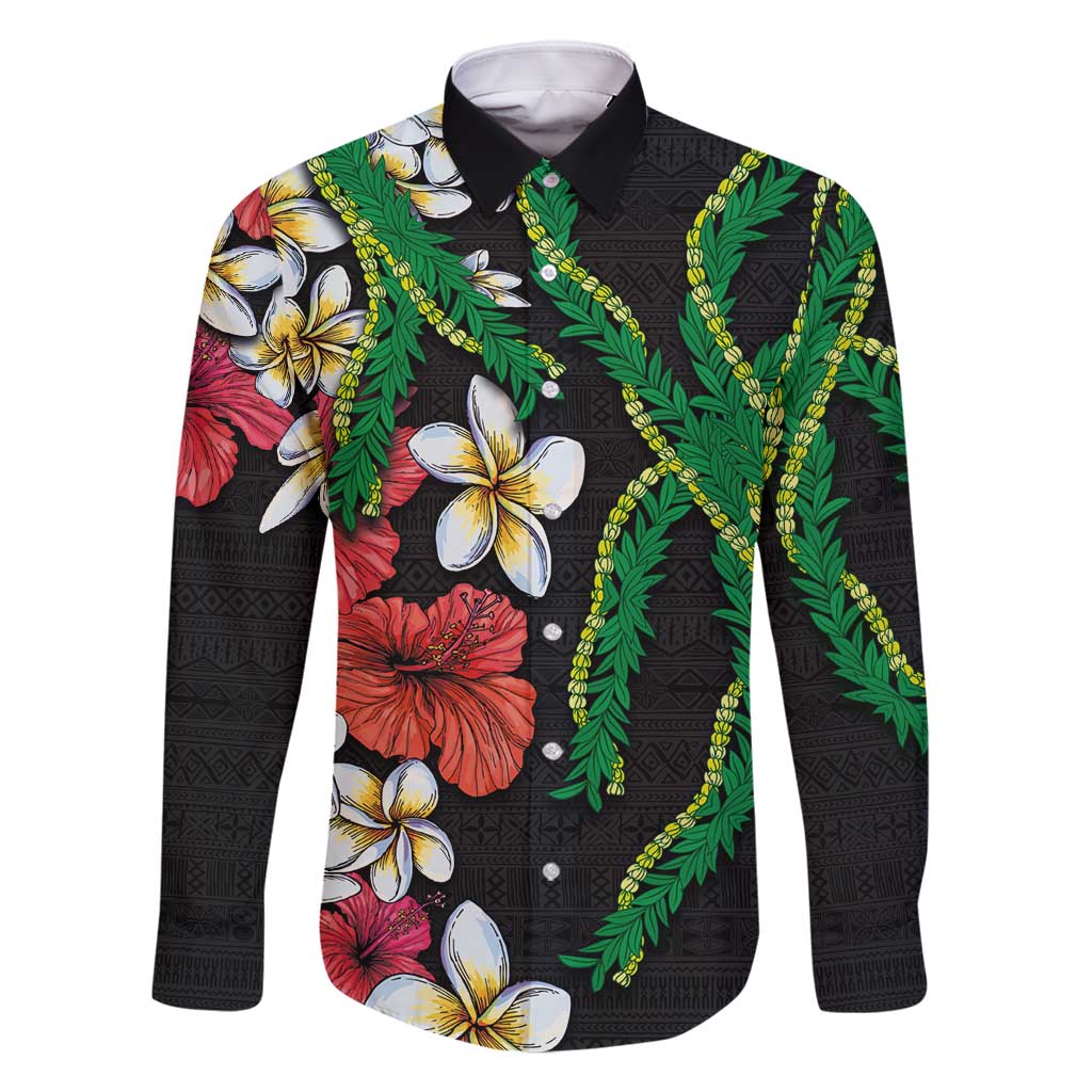 Hawaiian Tropical Flowers and Maile Pikake Family Matching Summer Maxi Dress and Hawaiian Shirt Polynesian Tribal Pattern Black Color LT03 Dad's Shirt - Long Sleeve Black - Polynesian Pride