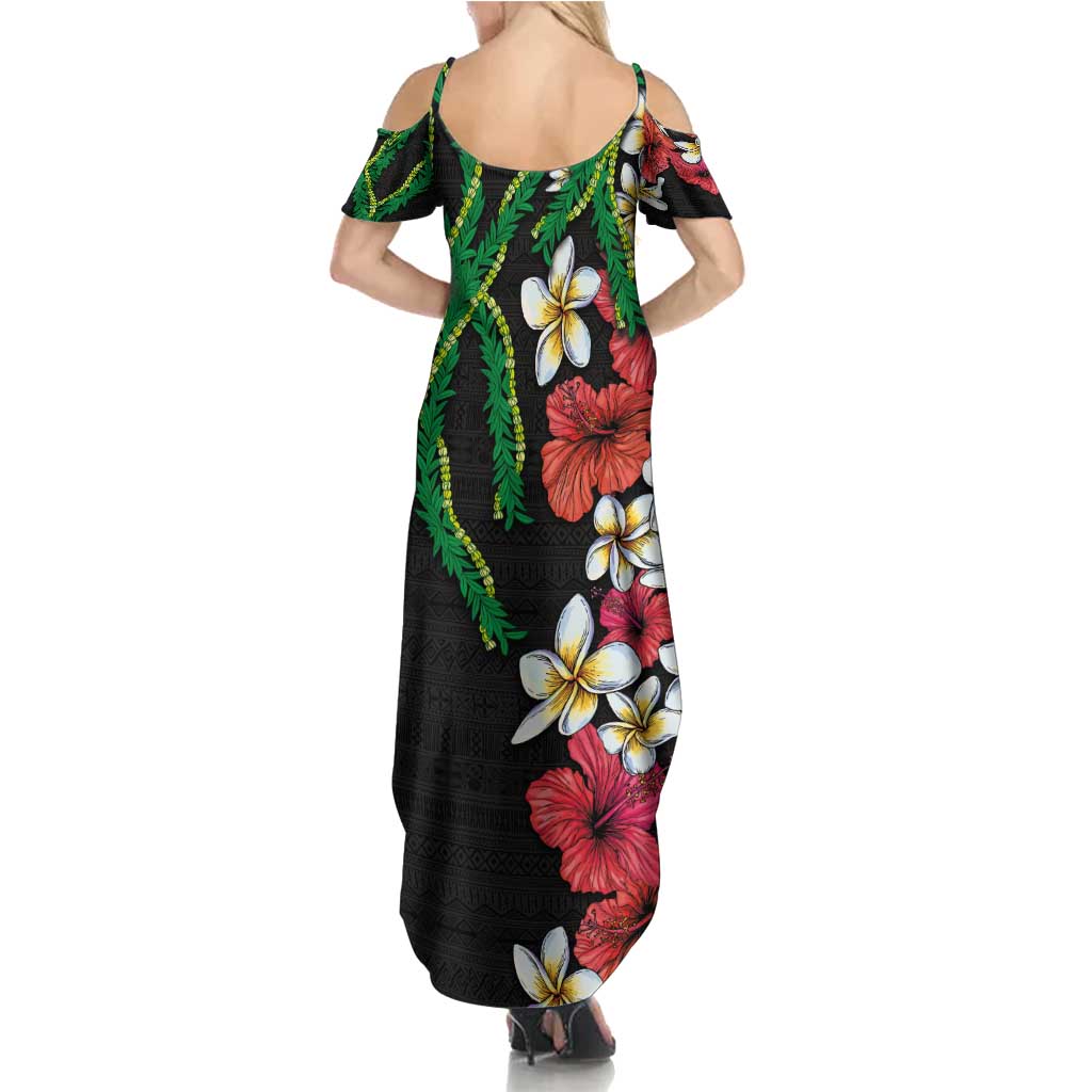 Hawaiian Tropical Flowers and Maile Pikake Family Matching Summer Maxi Dress and Hawaiian Shirt Polynesian Tribal Pattern Black Color LT03 - Polynesian Pride