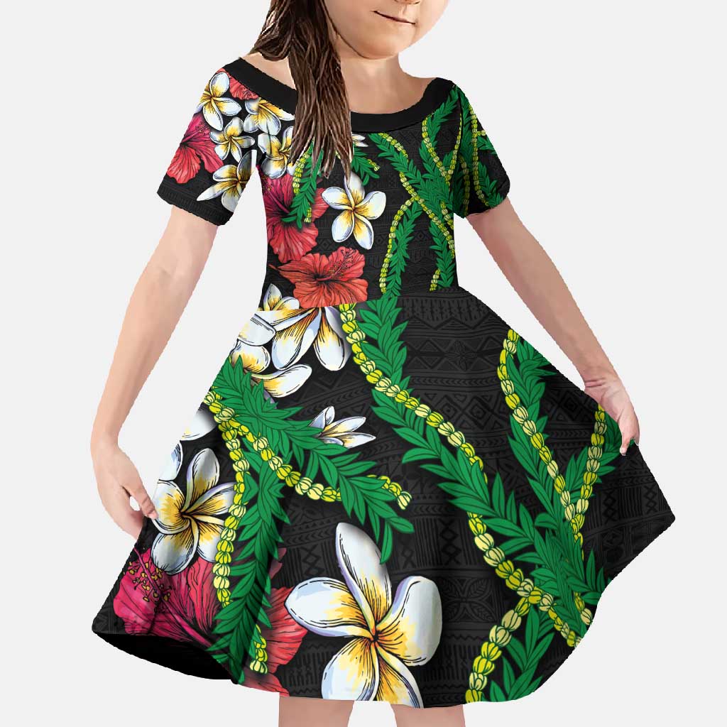 Hawaiian Tropical Flowers and Maile Pikake Family Matching Tank Maxi Dress and Hawaiian Shirt Polynesian Tribal Pattern Black Color LT03 Daughter's Dress Black - Polynesian Pride