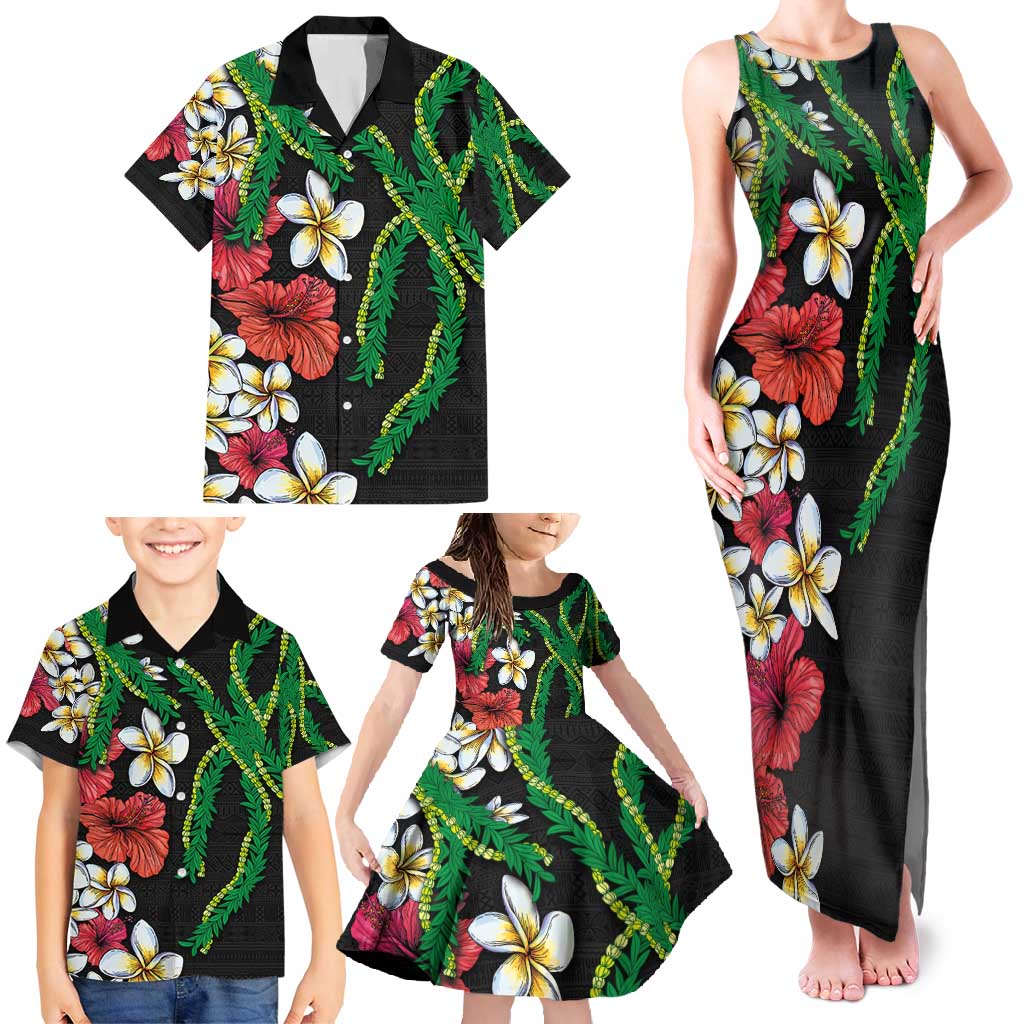 Hawaiian Tropical Flowers and Maile Pikake Family Matching Tank Maxi Dress and Hawaiian Shirt Polynesian Tribal Pattern Black Color LT03 - Polynesian Pride