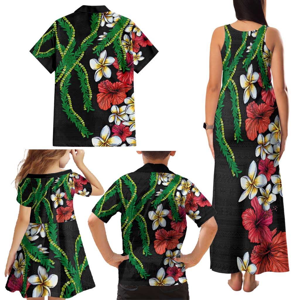 Hawaiian Tropical Flowers and Maile Pikake Family Matching Tank Maxi Dress and Hawaiian Shirt Polynesian Tribal Pattern Black Color LT03 - Polynesian Pride