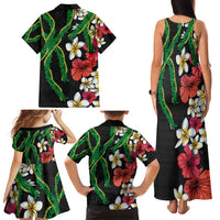 Hawaiian Tropical Flowers and Maile Pikake Family Matching Tank Maxi Dress and Hawaiian Shirt Polynesian Tribal Pattern Black Color LT03 - Polynesian Pride