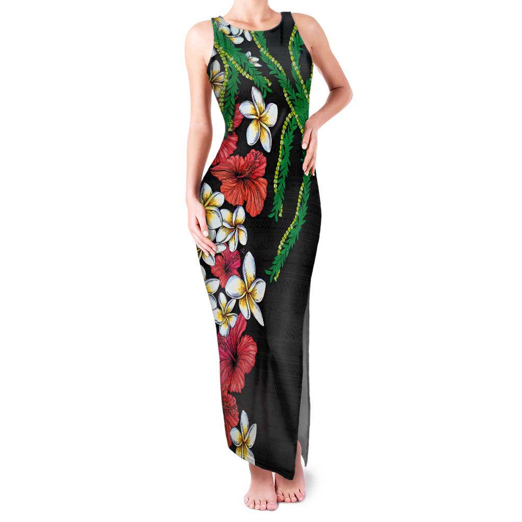Hawaiian Tropical Flowers and Maile Pikake Family Matching Tank Maxi Dress and Hawaiian Shirt Polynesian Tribal Pattern Black Color LT03 Mom's Dress Black - Polynesian Pride