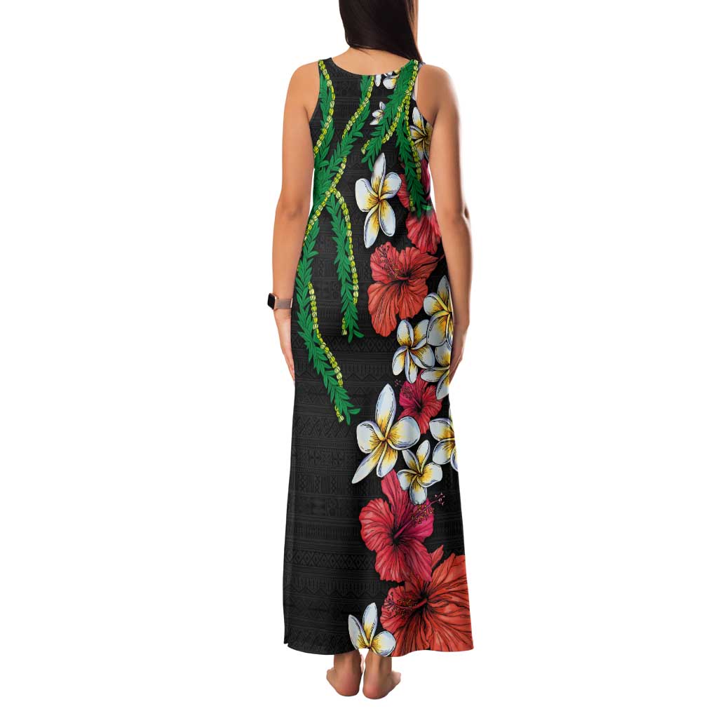 Hawaiian Tropical Flowers and Maile Pikake Family Matching Tank Maxi Dress and Hawaiian Shirt Polynesian Tribal Pattern Black Color LT03 - Polynesian Pride