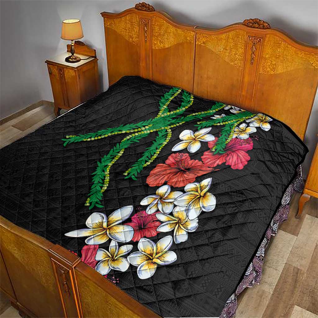 Hawaiian Tropical Flowers and Maile Pikake Quilt Polynesian Tribal Pattern Black Color