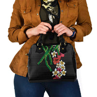 Hawaiian Tropical Flowers and Maile Pikake Shoulder Handbag Polynesian Tribal Pattern Black Color