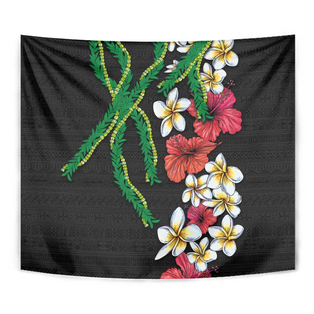 Hawaiian Tropical Flowers and Maile Pikake Tapestry Polynesian Tribal Pattern Black Color
