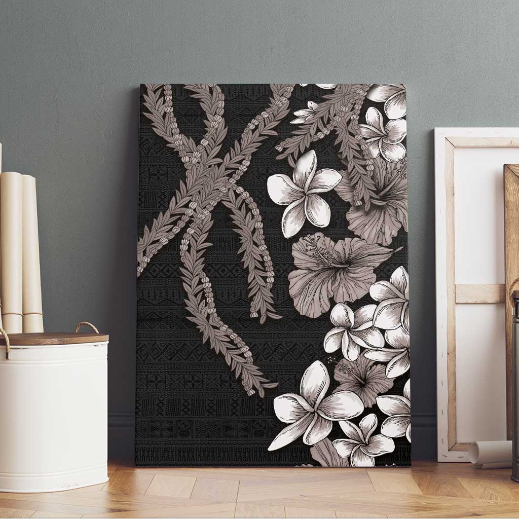 Hawaiian Tropical Flowers and Maile Pikake Canvas Wall Art Polynesian Tribal Pattern Grayscale Mode