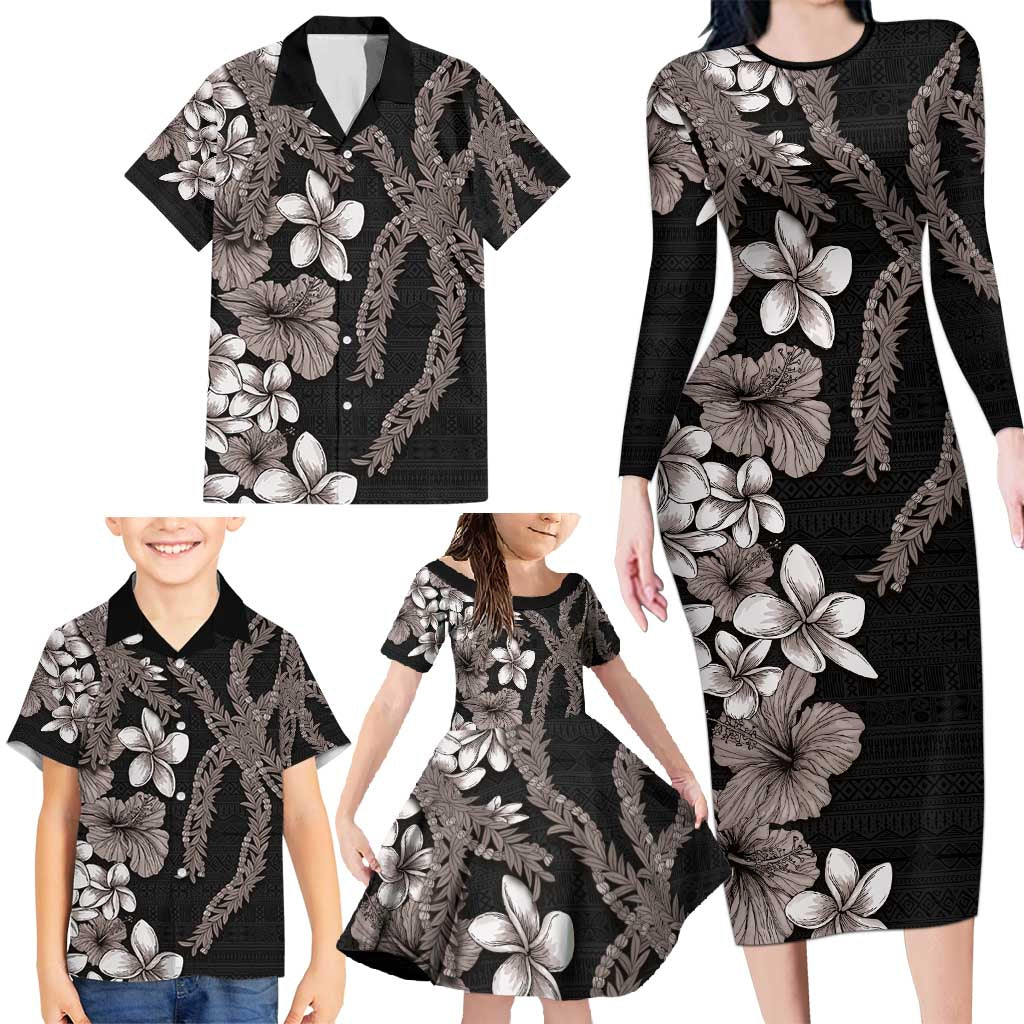 Hawaiian Tropical Flowers and Maile Pikake Family Matching Long Sleeve Bodycon Dress and Hawaiian Shirt Polynesian Tribal Pattern Grayscale Mode LT03 - Polynesian Pride