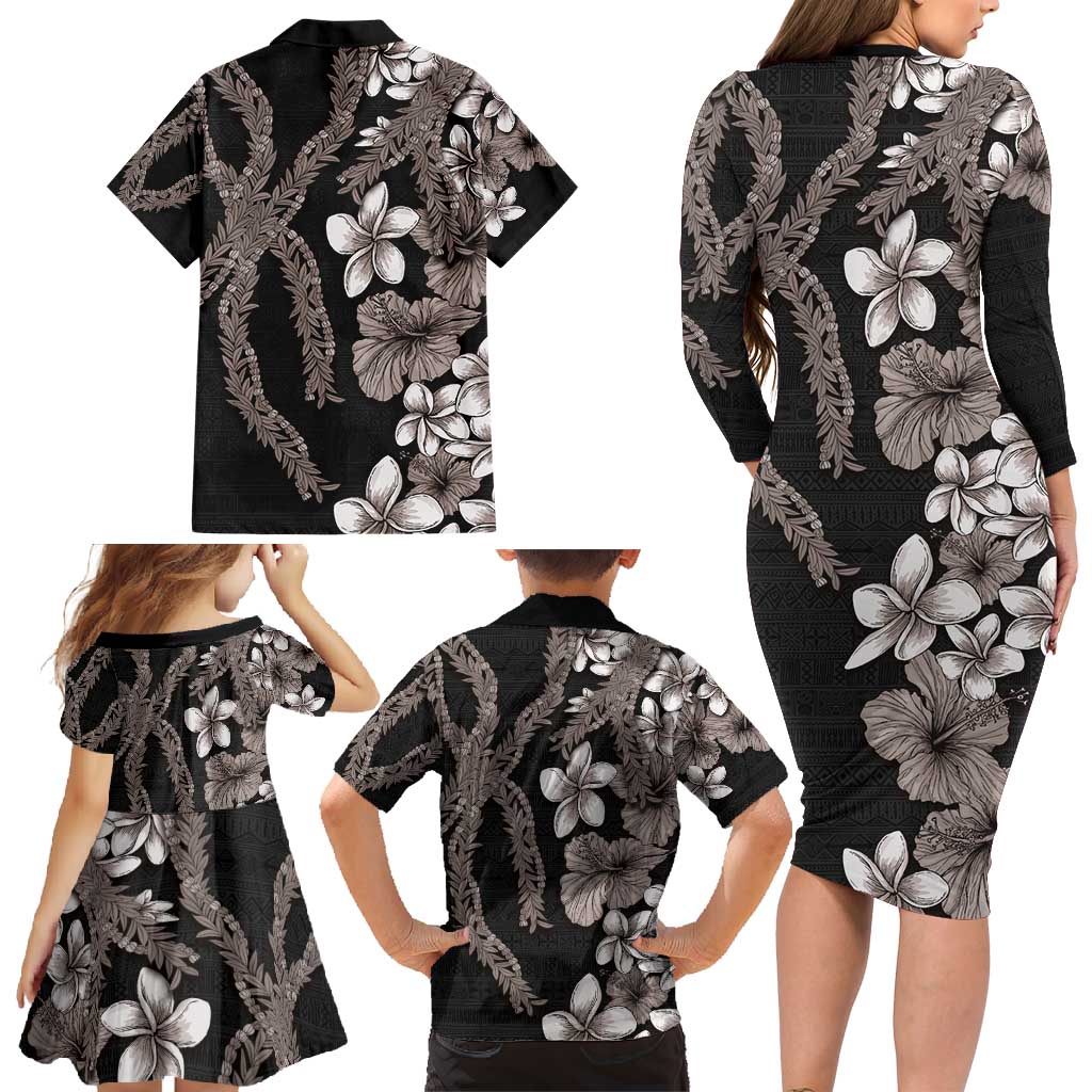 Hawaiian Tropical Flowers and Maile Pikake Family Matching Long Sleeve Bodycon Dress and Hawaiian Shirt Polynesian Tribal Pattern Grayscale Mode LT03 - Polynesian Pride