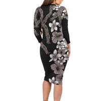 Hawaiian Tropical Flowers and Maile Pikake Family Matching Long Sleeve Bodycon Dress and Hawaiian Shirt Polynesian Tribal Pattern Grayscale Mode LT03 - Polynesian Pride