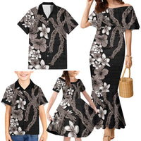 Hawaiian Tropical Flowers and Maile Pikake Family Matching Mermaid Dress and Hawaiian Shirt Polynesian Tribal Pattern Grayscale Mode LT03 - Polynesian Pride