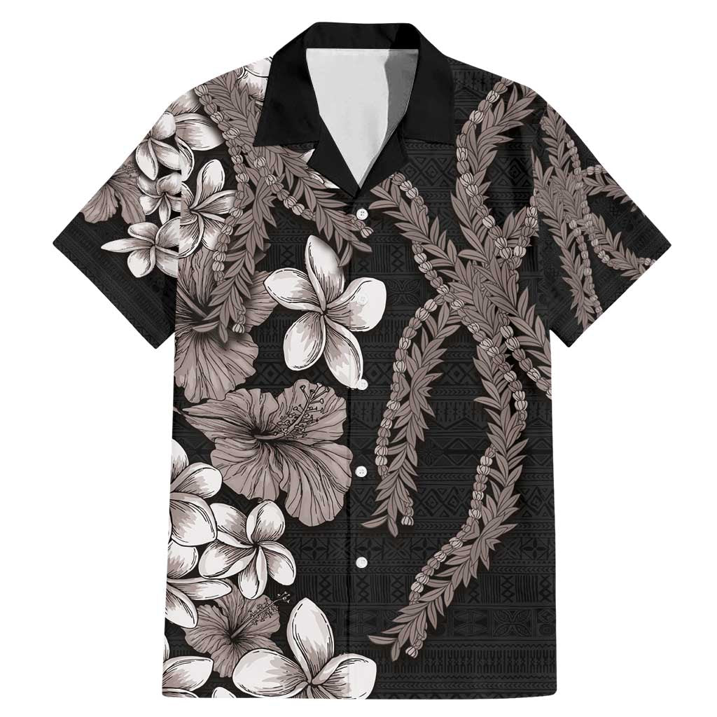 Hawaiian Tropical Flowers and Maile Pikake Family Matching Mermaid Dress and Hawaiian Shirt Polynesian Tribal Pattern Grayscale Mode LT03 Dad's Shirt - Short Sleeve Black - Polynesian Pride