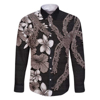 Hawaiian Tropical Flowers and Maile Pikake Family Matching Mermaid Dress and Hawaiian Shirt Polynesian Tribal Pattern Grayscale Mode LT03 Dad's Shirt - Long Sleeve Black - Polynesian Pride