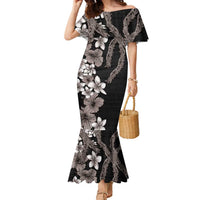 Hawaiian Tropical Flowers and Maile Pikake Family Matching Mermaid Dress and Hawaiian Shirt Polynesian Tribal Pattern Grayscale Mode LT03 Mom's Dress Black - Polynesian Pride