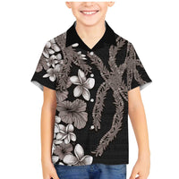 Hawaiian Tropical Flowers and Maile Pikake Family Matching Mermaid Dress and Hawaiian Shirt Polynesian Tribal Pattern Grayscale Mode LT03 Son's Shirt Black - Polynesian Pride