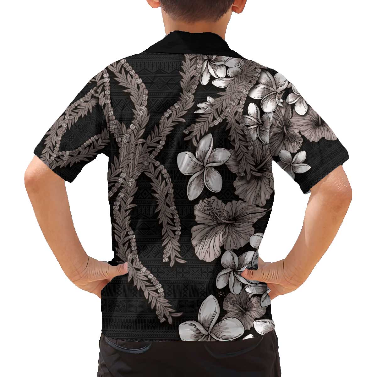 Hawaiian Tropical Flowers and Maile Pikake Family Matching Off The Shoulder Long Sleeve Dress and Hawaiian Shirt Polynesian Tribal Pattern Grayscale Mode LT03 - Polynesian Pride