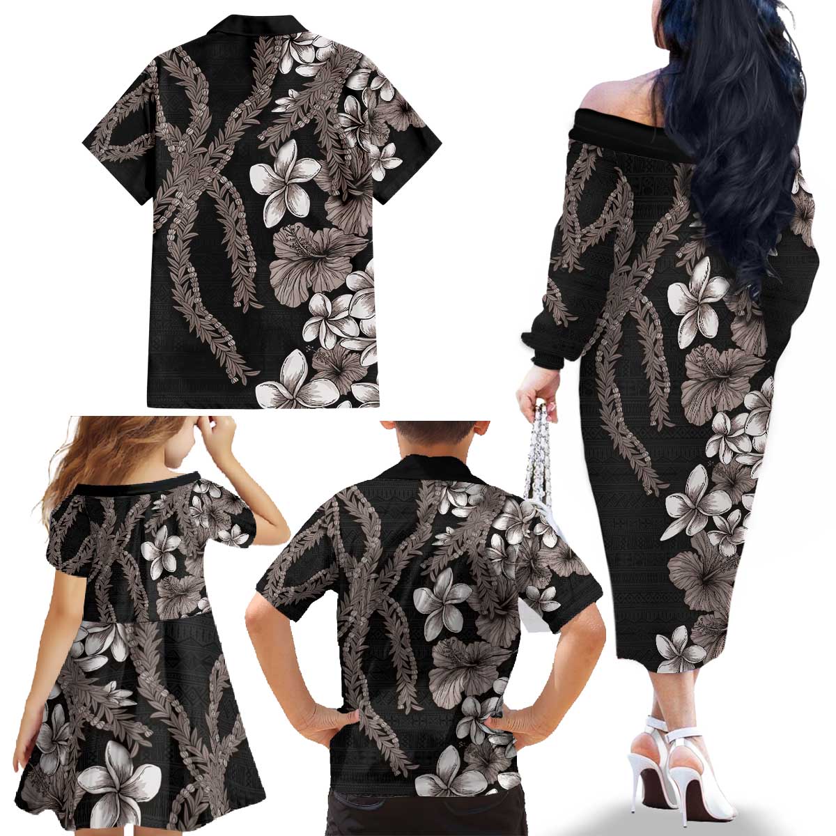 Hawaiian Tropical Flowers and Maile Pikake Family Matching Off The Shoulder Long Sleeve Dress and Hawaiian Shirt Polynesian Tribal Pattern Grayscale Mode LT03 - Polynesian Pride