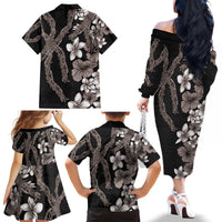 Hawaiian Tropical Flowers and Maile Pikake Family Matching Off The Shoulder Long Sleeve Dress and Hawaiian Shirt Polynesian Tribal Pattern Grayscale Mode LT03 - Polynesian Pride