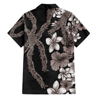 Hawaiian Tropical Flowers and Maile Pikake Family Matching Off The Shoulder Long Sleeve Dress and Hawaiian Shirt Polynesian Tribal Pattern Grayscale Mode LT03 - Polynesian Pride