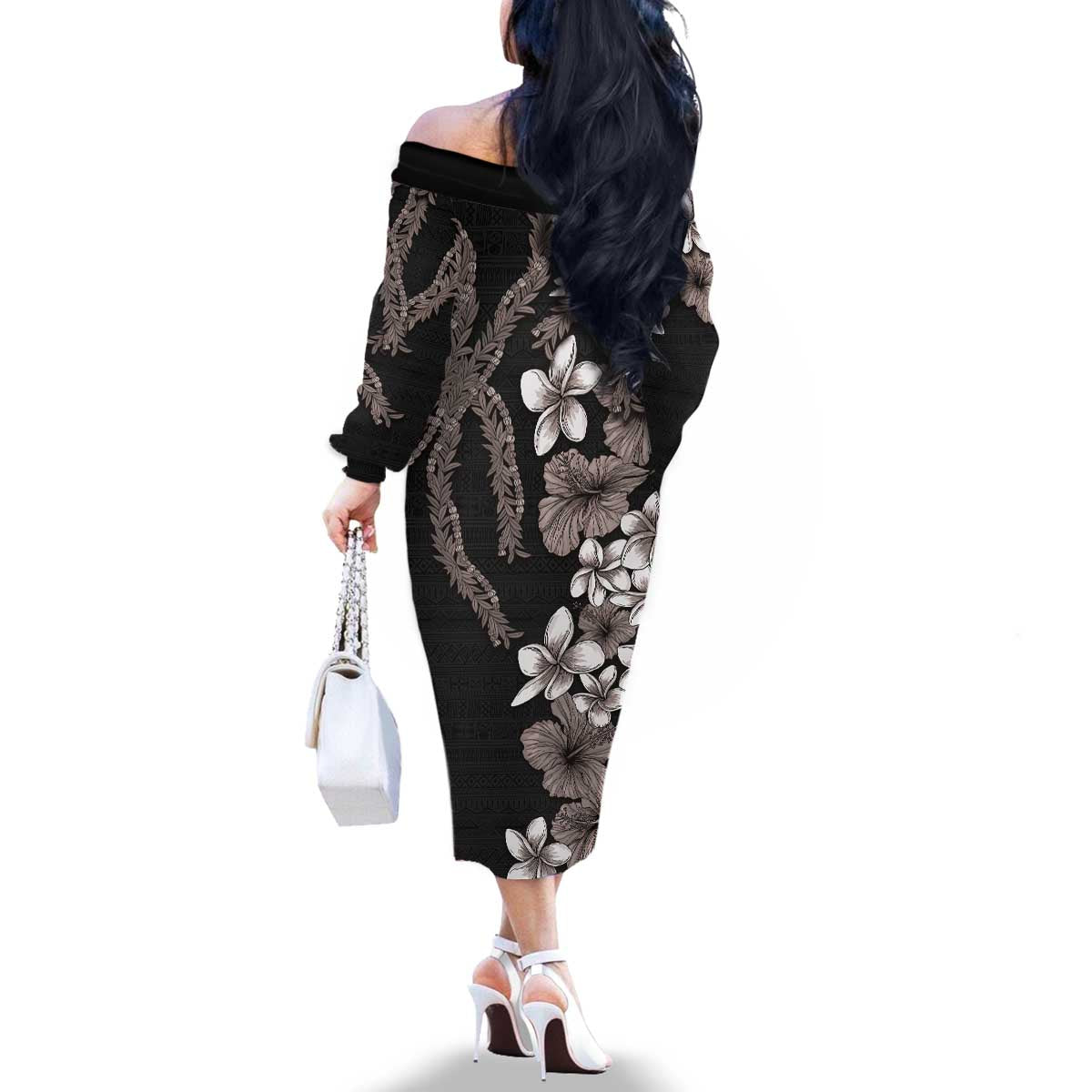 Hawaiian Tropical Flowers and Maile Pikake Family Matching Off The Shoulder Long Sleeve Dress and Hawaiian Shirt Polynesian Tribal Pattern Grayscale Mode LT03 - Polynesian Pride