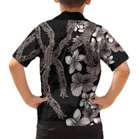 Hawaiian Tropical Flowers and Maile Pikake Family Matching Off Shoulder Maxi Dress and Hawaiian Shirt Polynesian Tribal Pattern Grayscale Mode LT03 - Polynesian Pride