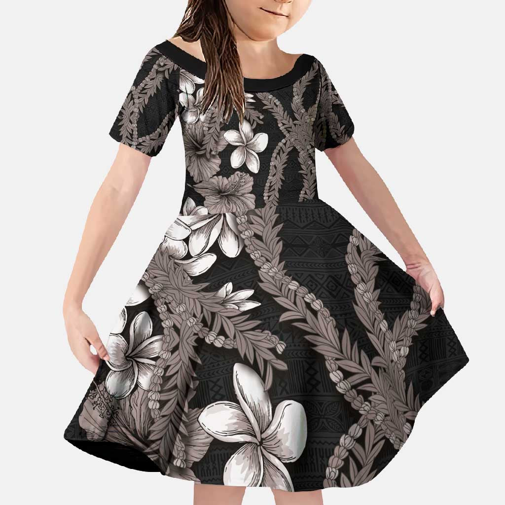 Hawaiian Tropical Flowers and Maile Pikake Family Matching Off Shoulder Maxi Dress and Hawaiian Shirt Polynesian Tribal Pattern Grayscale Mode LT03 Daughter's Dress Black - Polynesian Pride