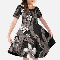 Hawaiian Tropical Flowers and Maile Pikake Family Matching Off Shoulder Maxi Dress and Hawaiian Shirt Polynesian Tribal Pattern Grayscale Mode LT03 Daughter's Dress Black - Polynesian Pride