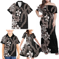 Hawaiian Tropical Flowers and Maile Pikake Family Matching Off Shoulder Maxi Dress and Hawaiian Shirt Polynesian Tribal Pattern Grayscale Mode LT03 - Polynesian Pride
