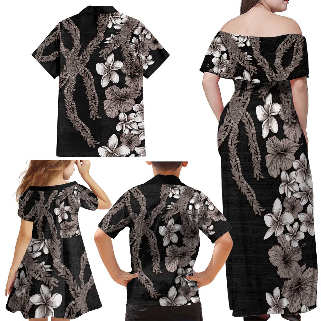 Hawaiian Tropical Flowers and Maile Pikake Family Matching Off Shoulder Maxi Dress and Hawaiian Shirt Polynesian Tribal Pattern Grayscale Mode LT03 - Polynesian Pride
