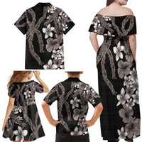 Hawaiian Tropical Flowers and Maile Pikake Family Matching Off Shoulder Maxi Dress and Hawaiian Shirt Polynesian Tribal Pattern Grayscale Mode LT03 - Polynesian Pride