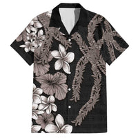 Hawaiian Tropical Flowers and Maile Pikake Family Matching Off Shoulder Maxi Dress and Hawaiian Shirt Polynesian Tribal Pattern Grayscale Mode LT03 Dad's Shirt - Short Sleeve Black - Polynesian Pride