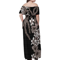 Hawaiian Tropical Flowers and Maile Pikake Family Matching Off Shoulder Maxi Dress and Hawaiian Shirt Polynesian Tribal Pattern Grayscale Mode LT03 - Polynesian Pride