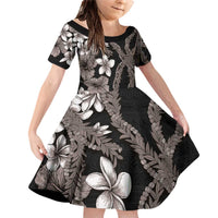 Hawaiian Tropical Flowers and Maile Pikake Family Matching Off Shoulder Short Dress and Hawaiian Shirt Polynesian Tribal Pattern Grayscale Mode LT03 Daughter's Dress Black - Polynesian Pride
