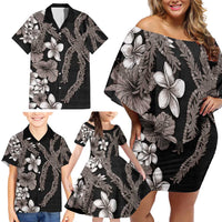 Hawaiian Tropical Flowers and Maile Pikake Family Matching Off Shoulder Short Dress and Hawaiian Shirt Polynesian Tribal Pattern Grayscale Mode LT03 - Polynesian Pride