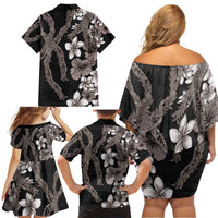 Hawaiian Tropical Flowers and Maile Pikake Family Matching Off Shoulder Short Dress and Hawaiian Shirt Polynesian Tribal Pattern Grayscale Mode LT03 - Polynesian Pride