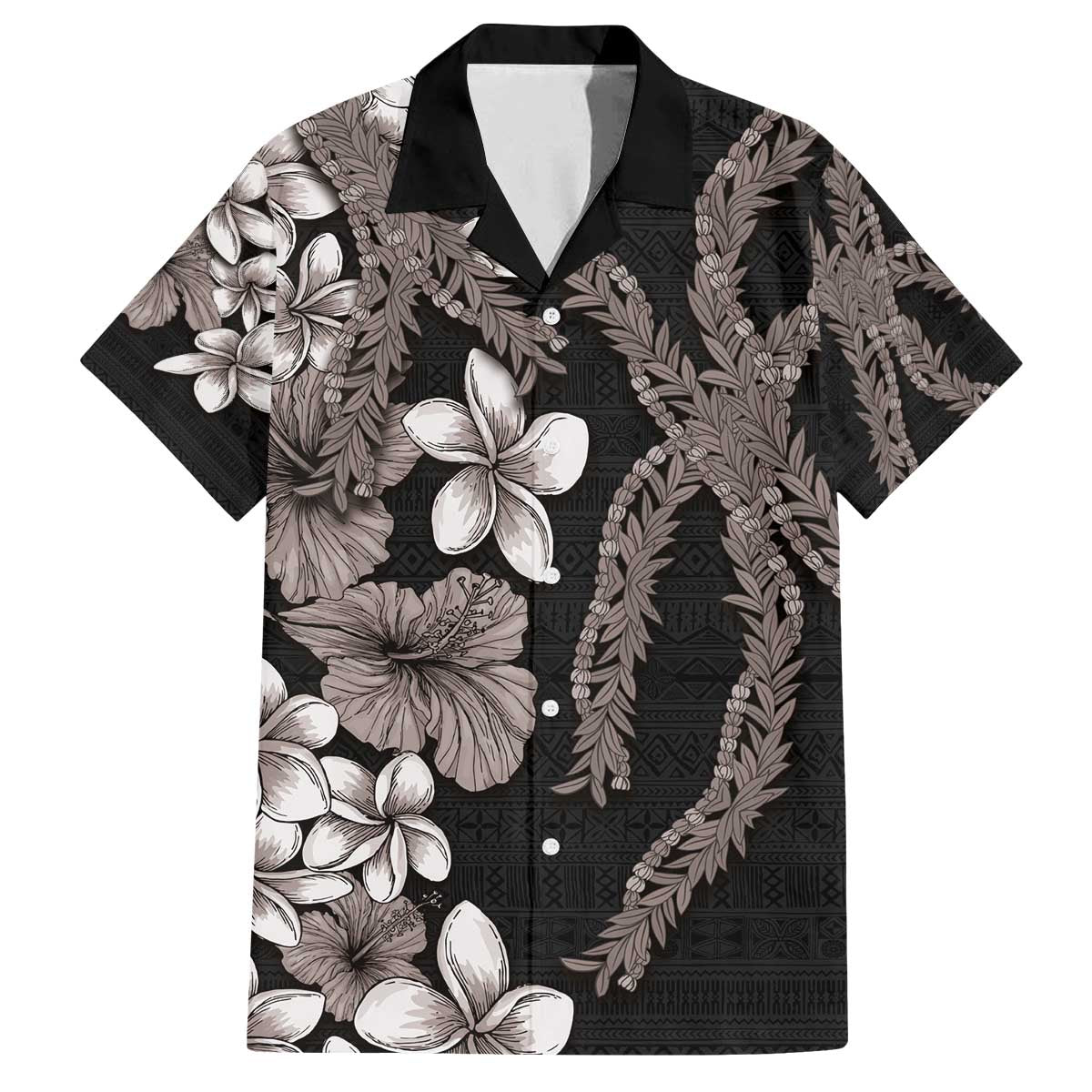 Hawaiian Tropical Flowers and Maile Pikake Family Matching Off Shoulder Short Dress and Hawaiian Shirt Polynesian Tribal Pattern Grayscale Mode LT03 Dad's Shirt - Short Sleeve Black - Polynesian Pride