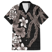 Hawaiian Tropical Flowers and Maile Pikake Family Matching Off Shoulder Short Dress and Hawaiian Shirt Polynesian Tribal Pattern Grayscale Mode LT03 Dad's Shirt - Short Sleeve Black - Polynesian Pride