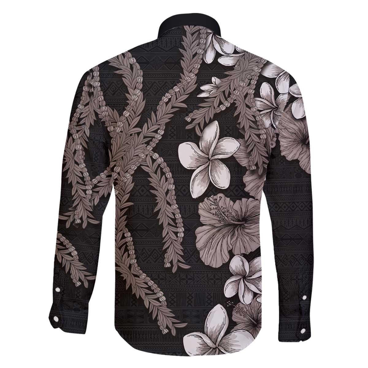 Hawaiian Tropical Flowers and Maile Pikake Family Matching Off Shoulder Short Dress and Hawaiian Shirt Polynesian Tribal Pattern Grayscale Mode LT03 - Polynesian Pride
