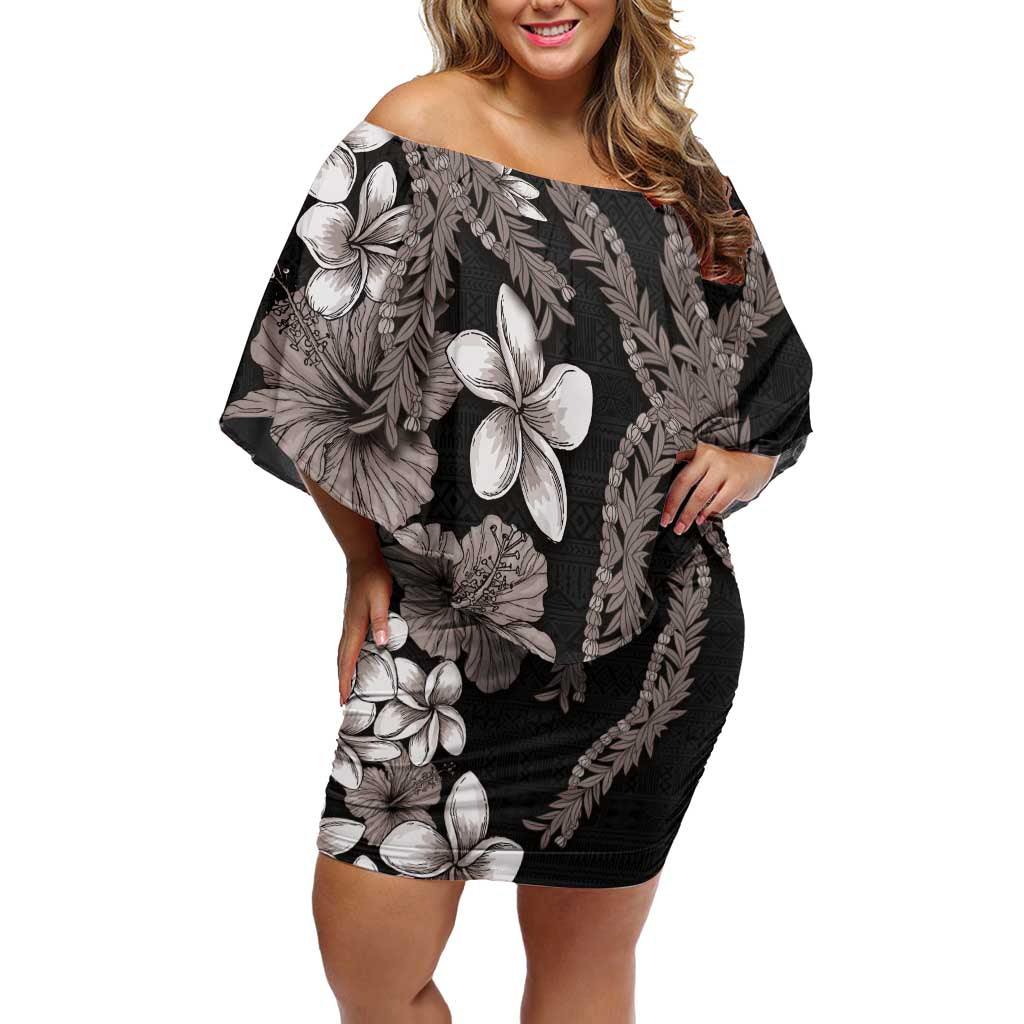Hawaiian Tropical Flowers and Maile Pikake Family Matching Off Shoulder Short Dress and Hawaiian Shirt Polynesian Tribal Pattern Grayscale Mode LT03 Mom's Dress Black - Polynesian Pride