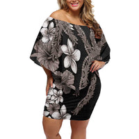 Hawaiian Tropical Flowers and Maile Pikake Family Matching Off Shoulder Short Dress and Hawaiian Shirt Polynesian Tribal Pattern Grayscale Mode LT03 Mom's Dress Black - Polynesian Pride