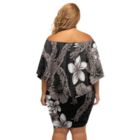 Hawaiian Tropical Flowers and Maile Pikake Family Matching Off Shoulder Short Dress and Hawaiian Shirt Polynesian Tribal Pattern Grayscale Mode LT03 - Polynesian Pride