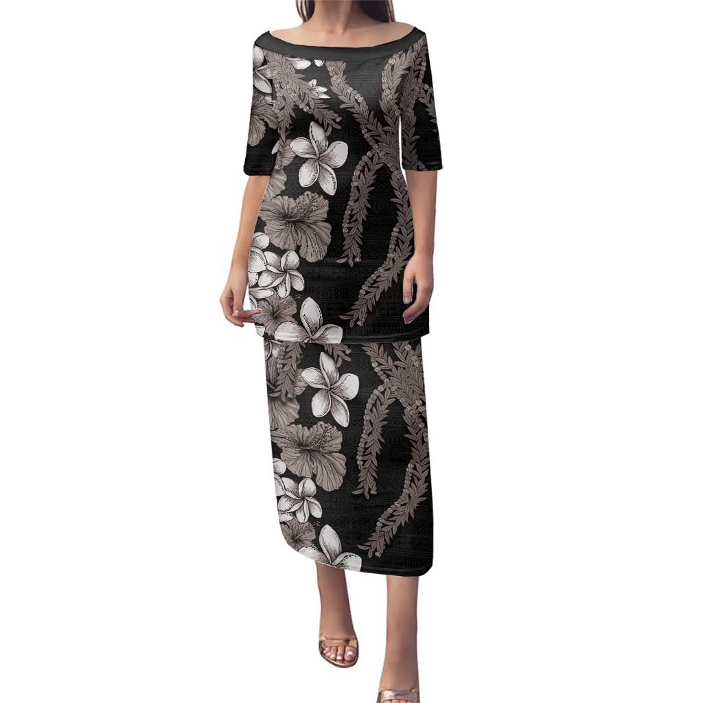 Hawaiian Tropical Flowers and Maile Pikake Family Matching Puletasi and Hawaiian Shirt Polynesian Tribal Pattern Grayscale Mode