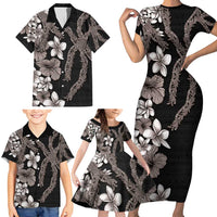 Hawaiian Tropical Flowers and Maile Pikake Family Matching Short Sleeve Bodycon Dress and Hawaiian Shirt Polynesian Tribal Pattern Grayscale Mode LT03 - Polynesian Pride