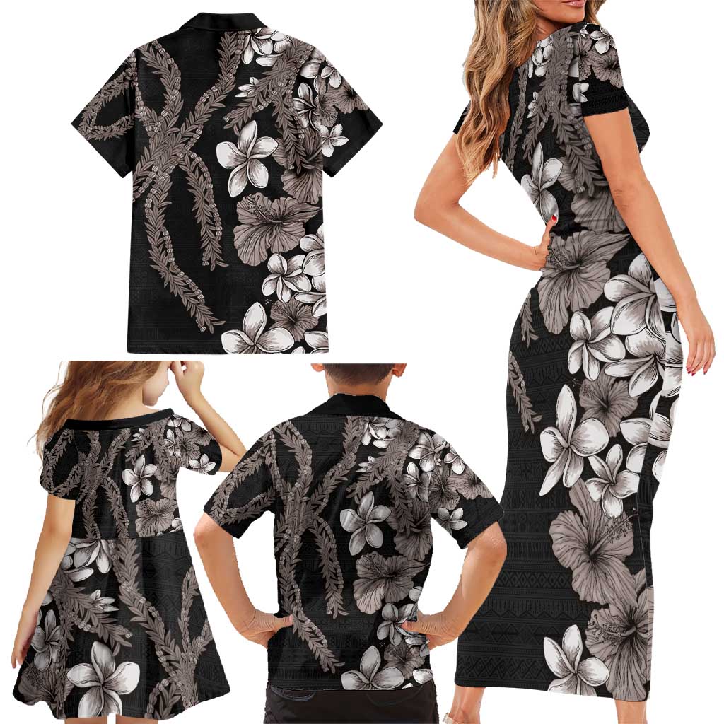 Hawaiian Tropical Flowers and Maile Pikake Family Matching Short Sleeve Bodycon Dress and Hawaiian Shirt Polynesian Tribal Pattern Grayscale Mode LT03 - Polynesian Pride