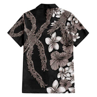 Hawaiian Tropical Flowers and Maile Pikake Family Matching Short Sleeve Bodycon Dress and Hawaiian Shirt Polynesian Tribal Pattern Grayscale Mode LT03 - Polynesian Pride
