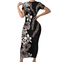 Hawaiian Tropical Flowers and Maile Pikake Family Matching Short Sleeve Bodycon Dress and Hawaiian Shirt Polynesian Tribal Pattern Grayscale Mode LT03 Mom's Dress Black - Polynesian Pride